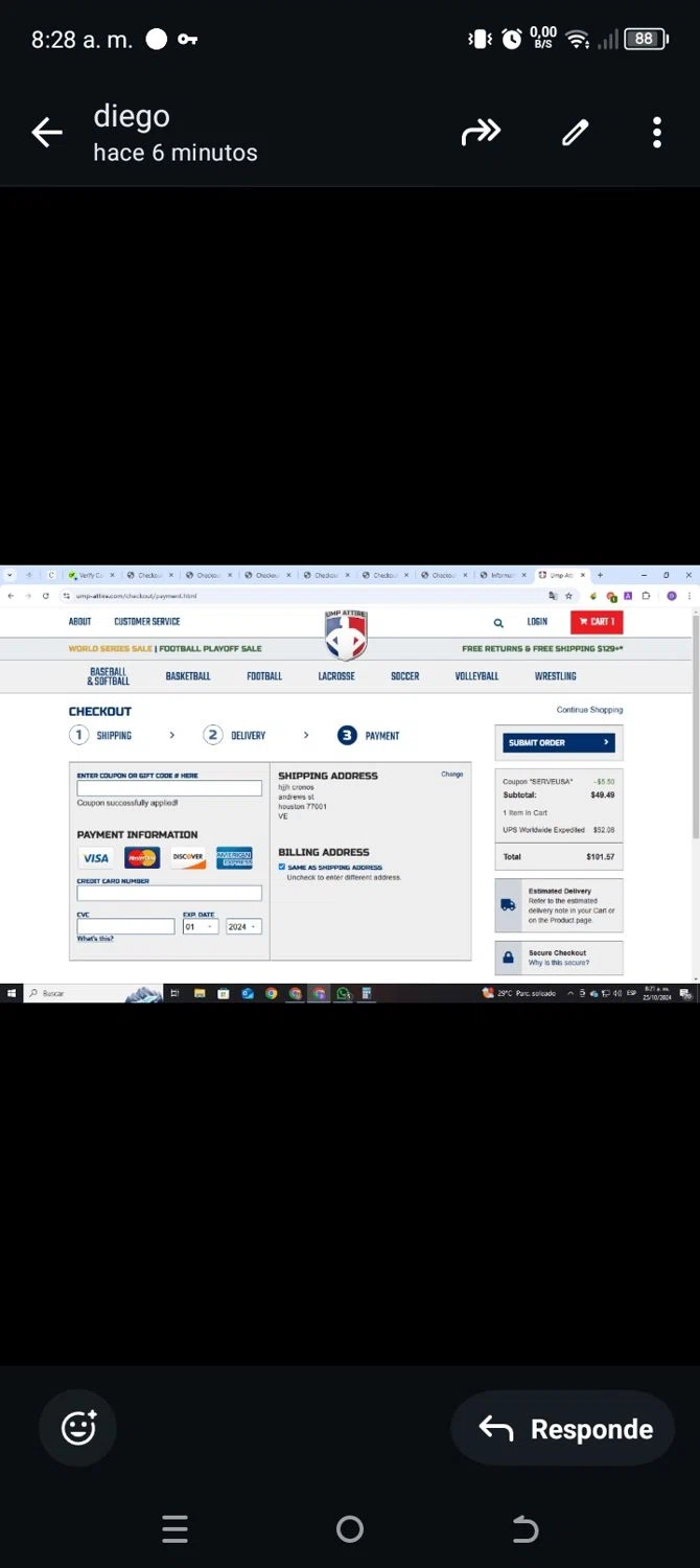 Ump-Attire checkout page showing Ump-Attire promo code box | Screenshot taken by SimplyCodes community member on Oct 25, 2024