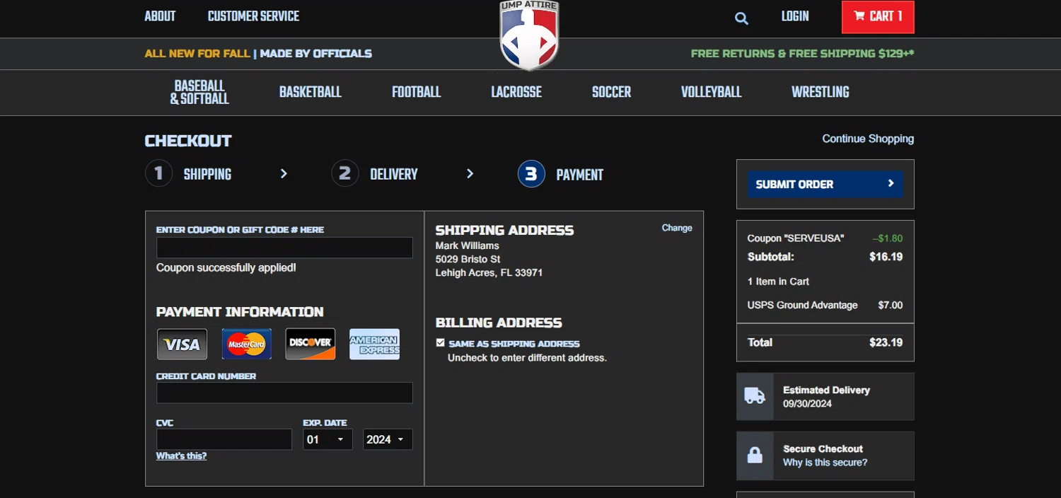 Ump-Attire checkout page showing Ump-Attire promo code box | Screenshot taken by SimplyCodes community member on Sep 26, 2024