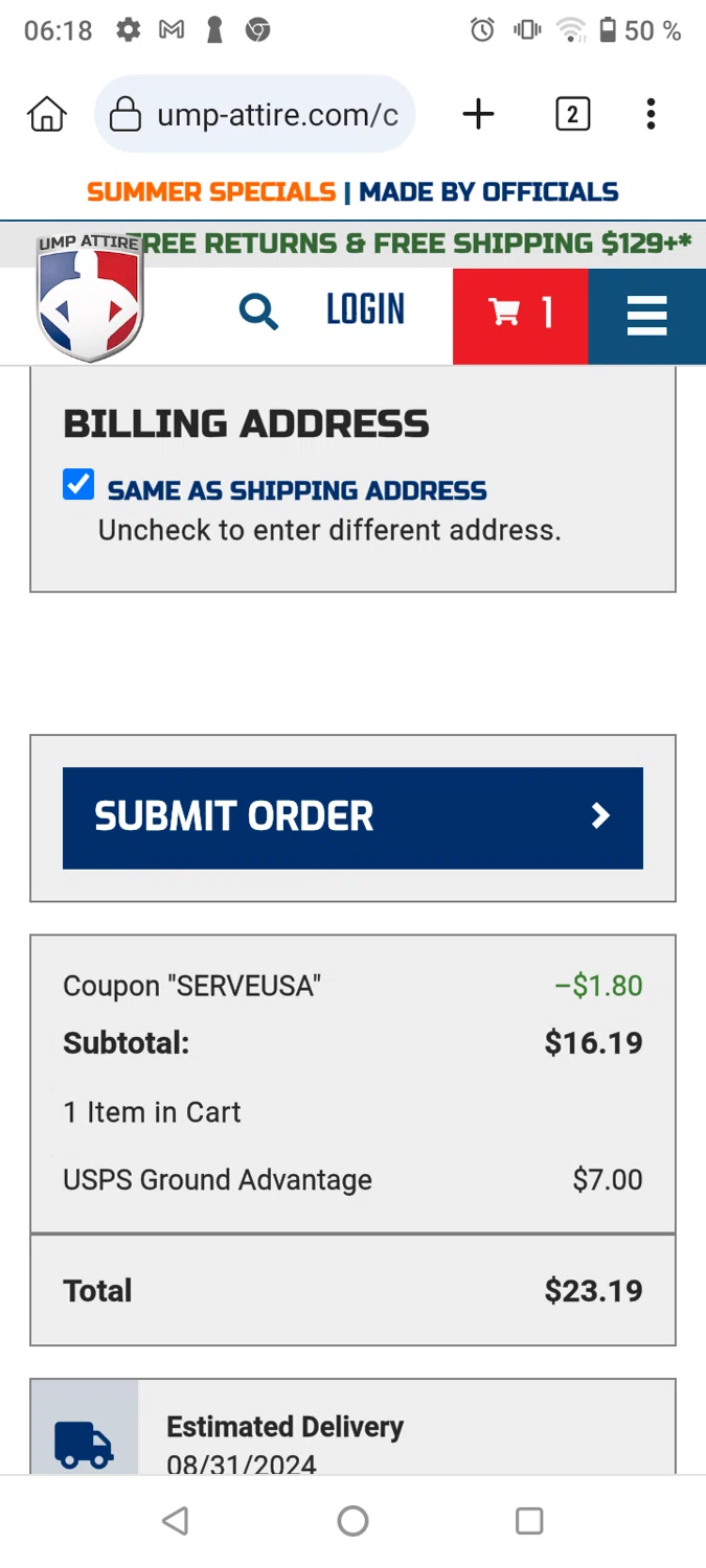 Ump-Attire checkout page showing Ump-Attire promo code box | Screenshot taken by SimplyCodes community member on Aug 28, 2024