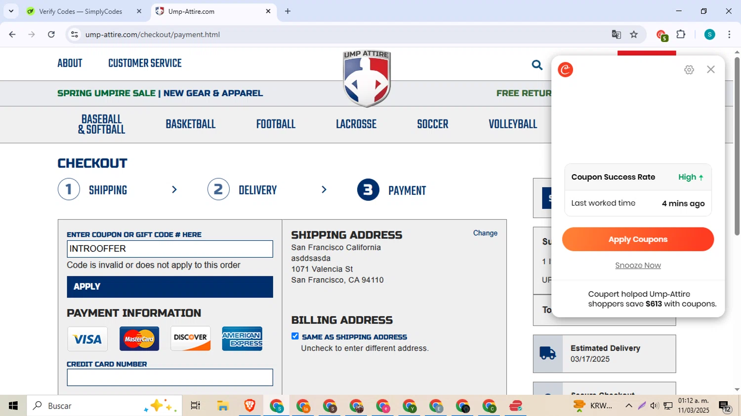 Ump-Attire promo code screenshot showing code INTROOFFER applied at Ump-Attire checkout page. Uploaded by SimplyCodes community member ExtraordinarySeeker8039 on Mar 11, 2025