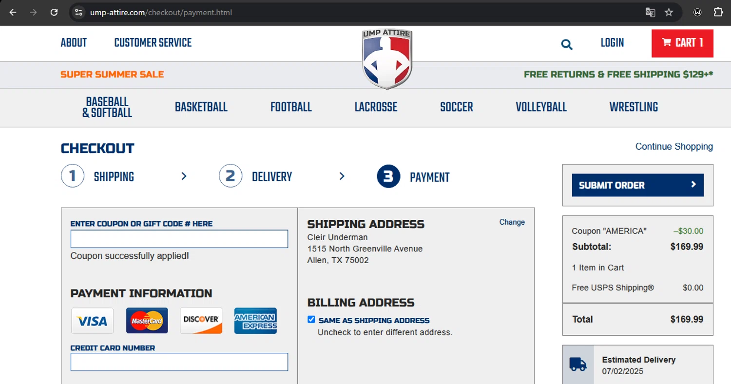 Ump-Attire checkout page showing Ump-Attire promo code box | Screenshot taken by SimplyCodes community member on Jun 27, 2025