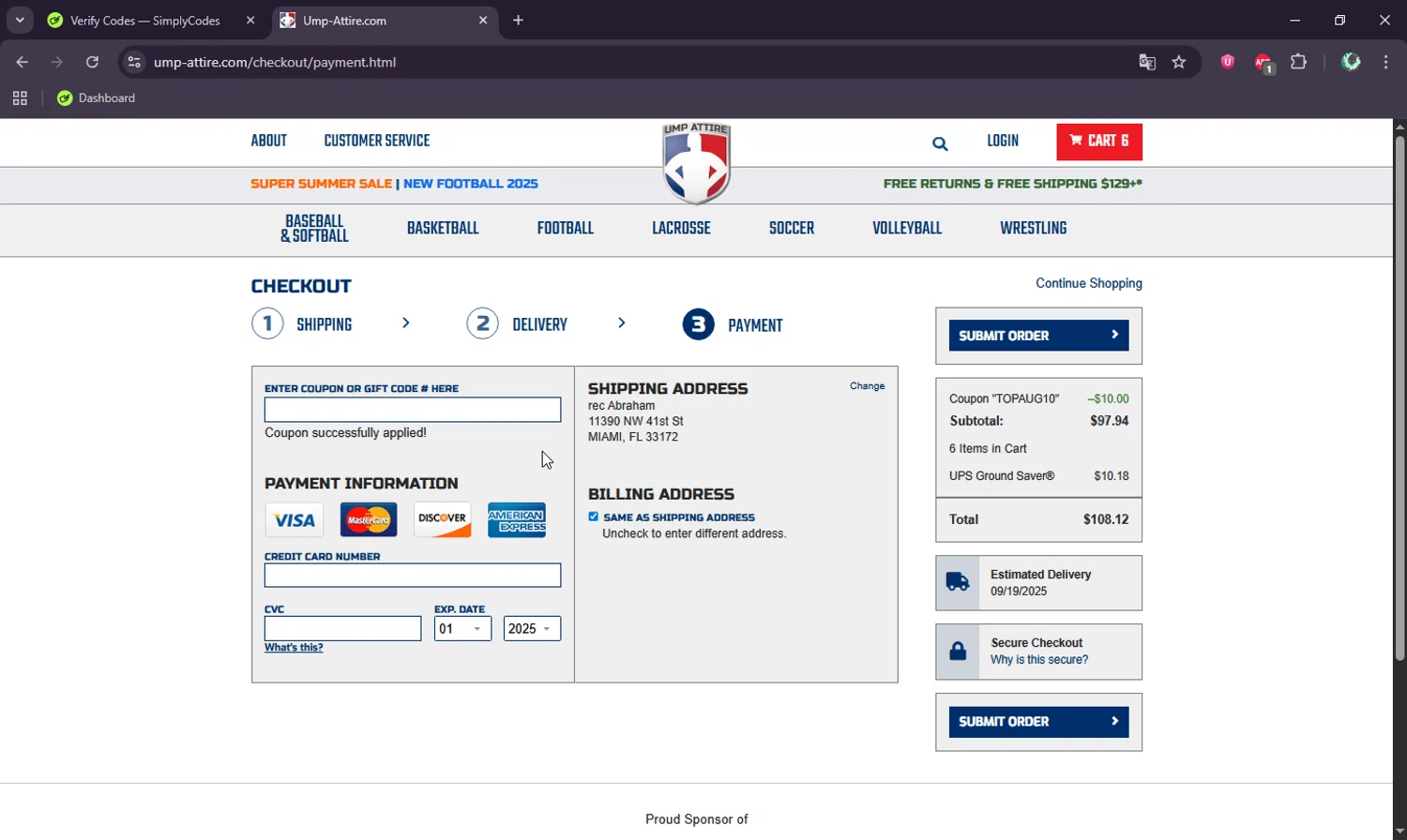 Ump-Attire checkout page showing Ump-Attire promo code box | Screenshot taken by SimplyCodes community member on Sep 15, 2025