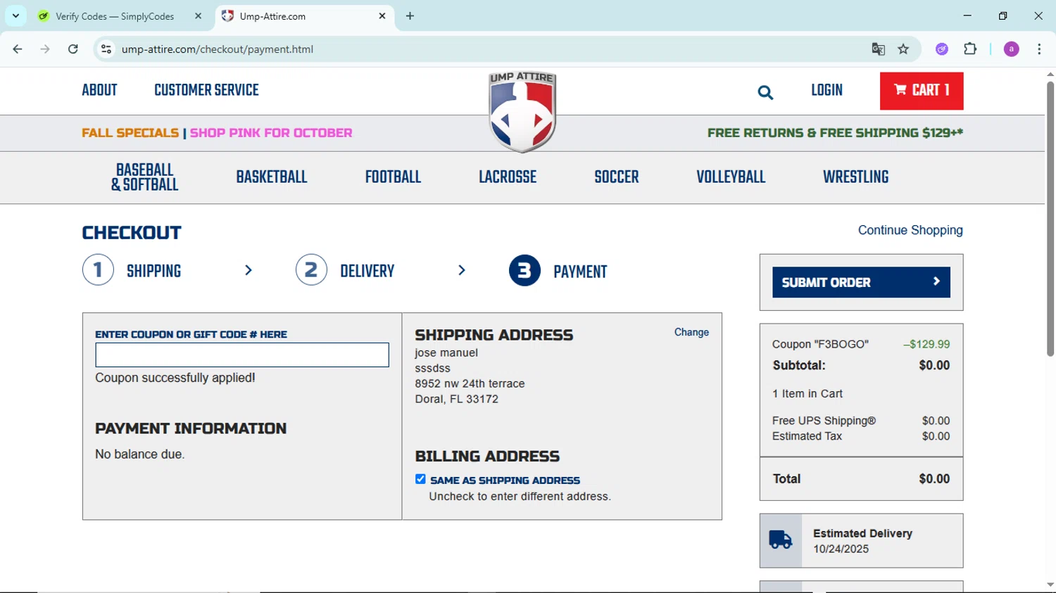 Ump-Attire checkout page showing Ump-Attire promo code box | Screenshot taken by SimplyCodes community member on Oct 20, 2025