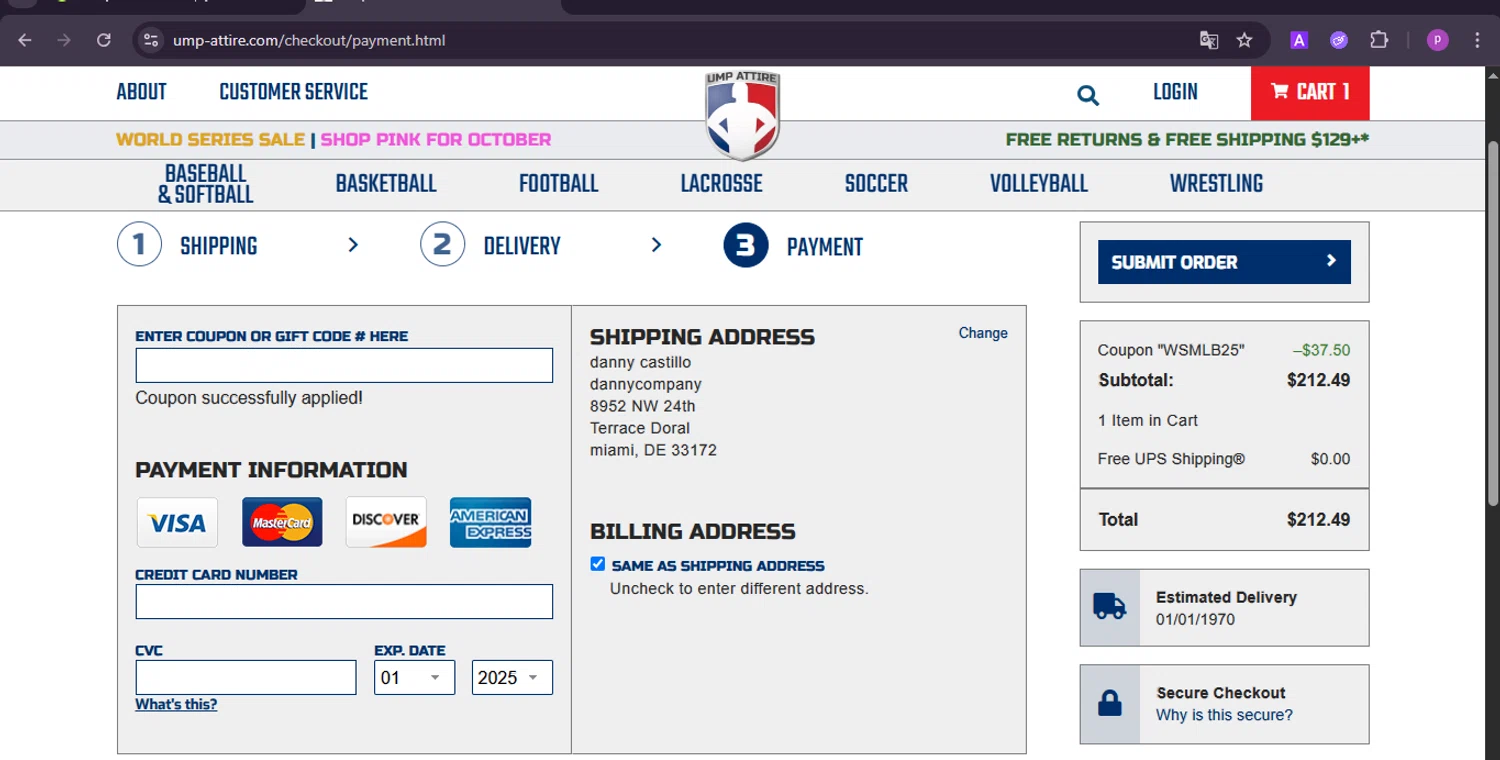 Ump-Attire promo code screenshot showing code WSMLB25 applied at Ump-Attire checkout page. Uploaded by SimplyCodes community member firoas on Oct 23, 2025