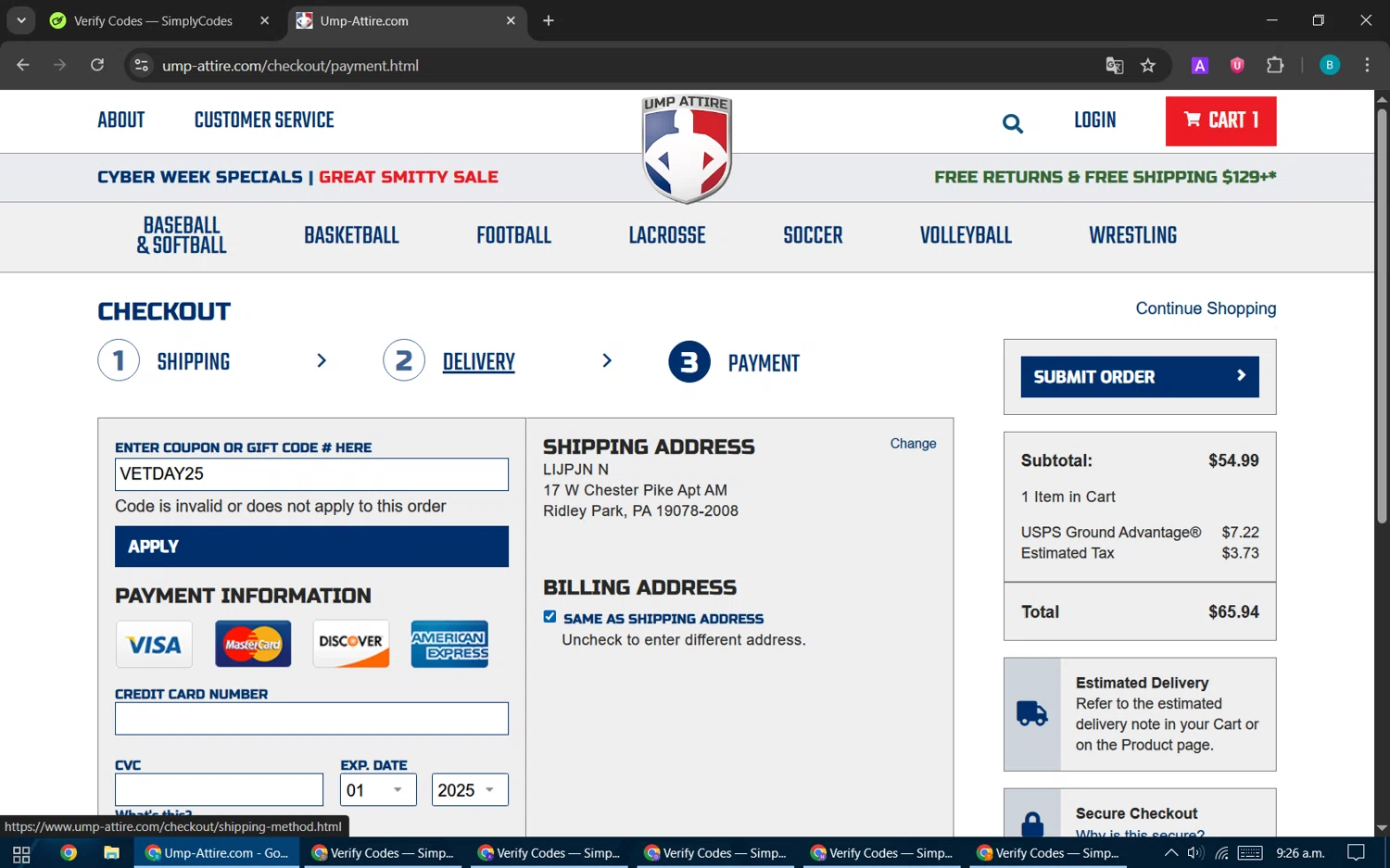 Ump-Attire promo code screenshot showing code VETDAY25 applied at Ump-Attire checkout page. Uploaded by SimplyCodes community member CleverPilot5845 on Dec 2, 2025