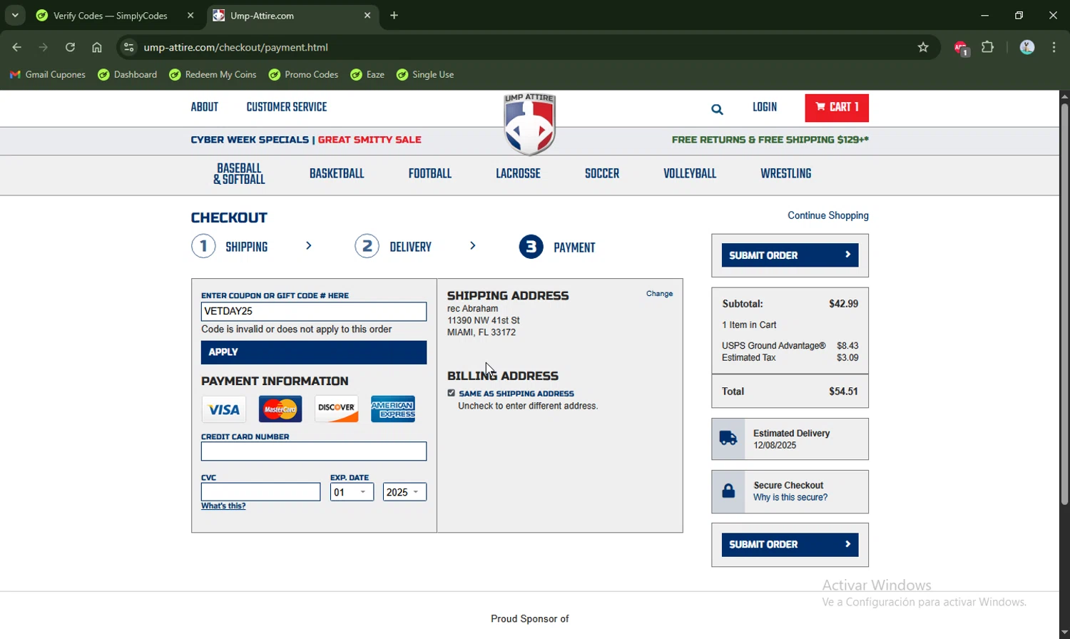 Ump-Attire promo code screenshot showing code VETDAY25 applied at Ump-Attire checkout page. Uploaded by SimplyCodes community member LHaunter2 on Dec 2, 2025