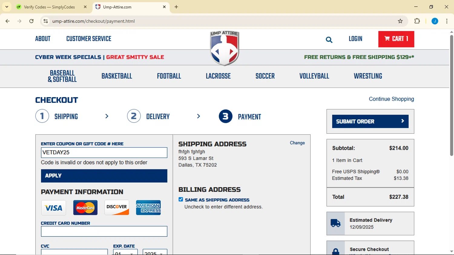 Ump-Attire promo code screenshot showing code VETDAY25 applied at Ump-Attire checkout page. Uploaded by SimplyCodes community member Luisitoxd12 on Dec 2, 2025