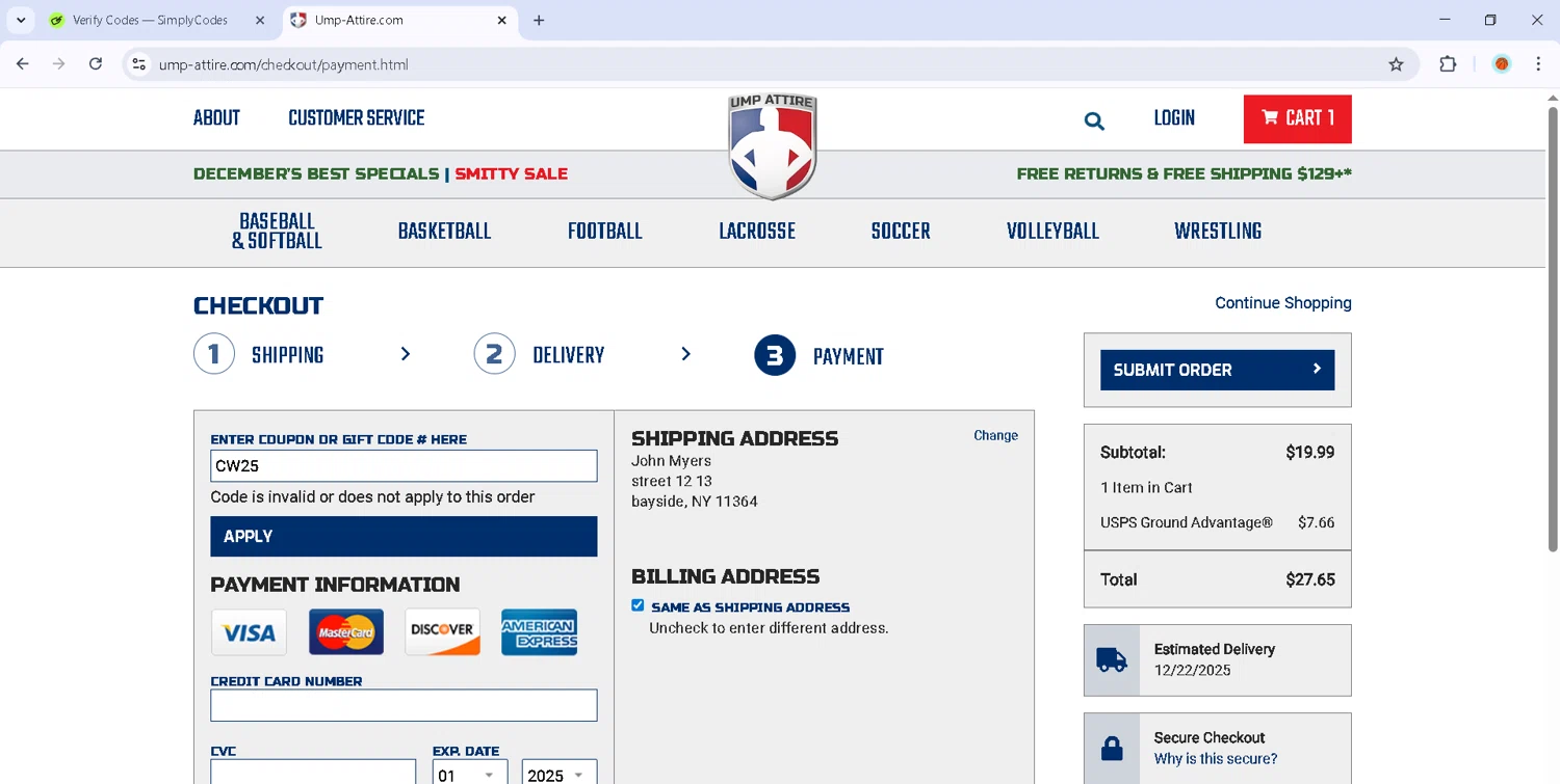 Ump-Attire promo code screenshot showing code CW25 applied at Ump-Attire checkout page. Uploaded by SimplyCodes community member Estefani4 on Dec 15, 2025