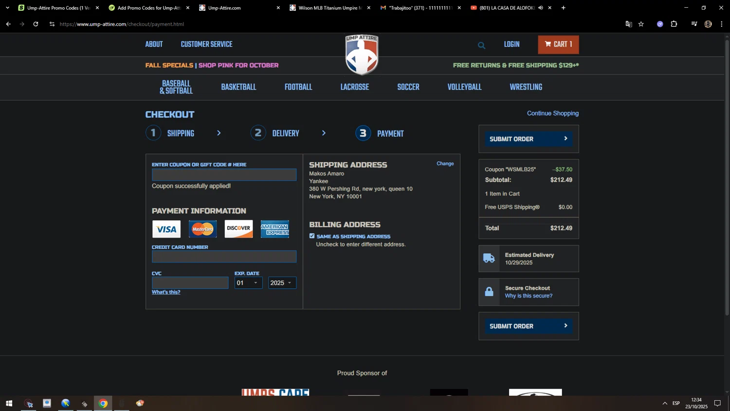Ump-Attire promo code screenshot showing code WSMLB25 applied at Ump-Attire checkout page. Uploaded by SimplyCodes community member MarcosAranguren on Oct 23, 2025