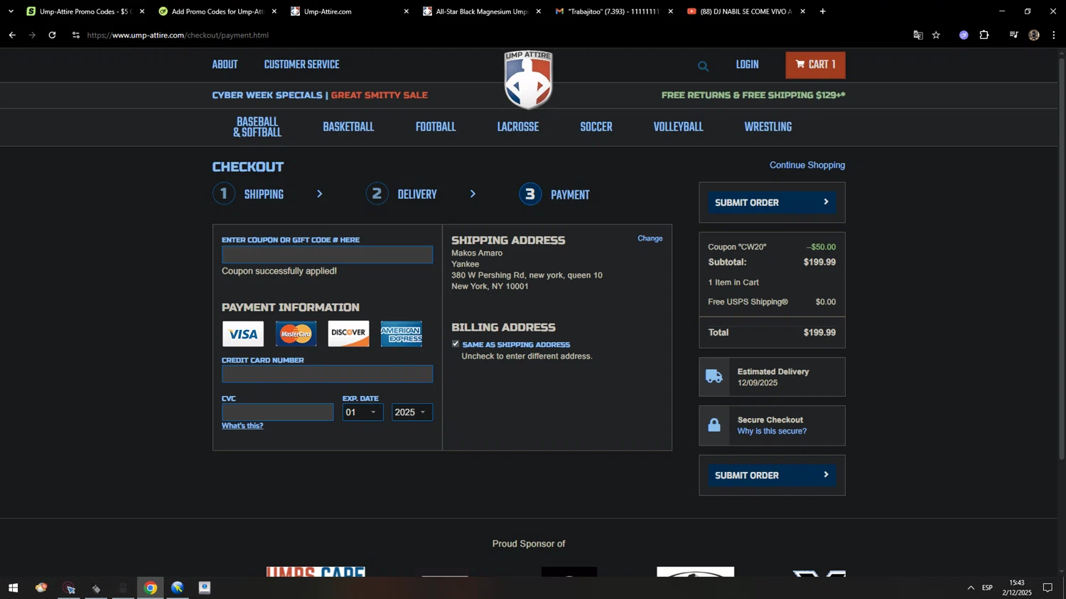 Ump-Attire promo code screenshot showing code CW20 applied at Ump-Attire checkout page. Uploaded by SimplyCodes community member MarcosAranguren on Dec 2, 2025