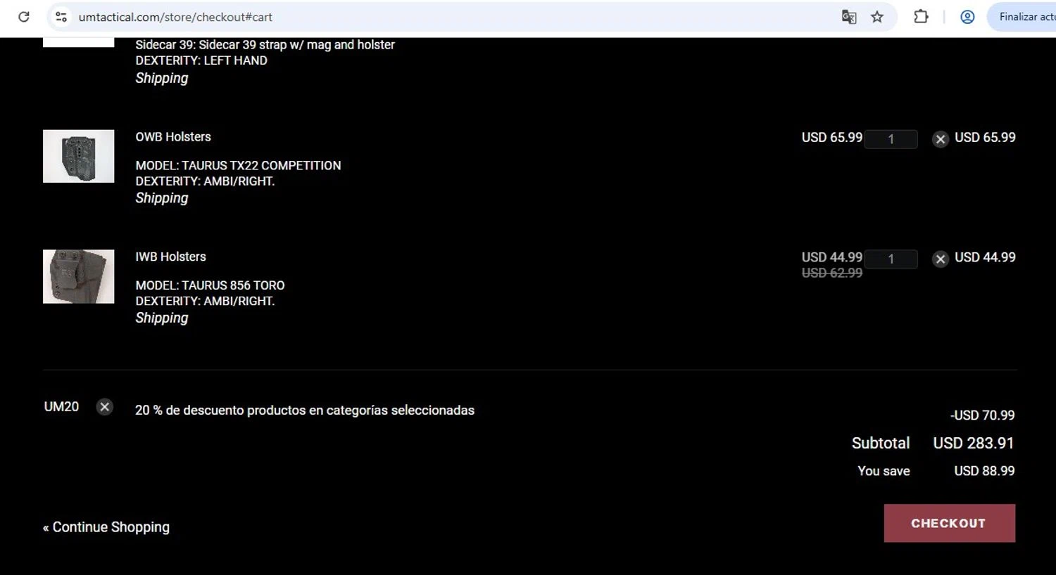 UM Tactical promo code screenshot showing code UM20 applied at UM Tactical checkout page. Uploaded by SimplyCodes community member ramonlopez1 on Dec 14, 2025