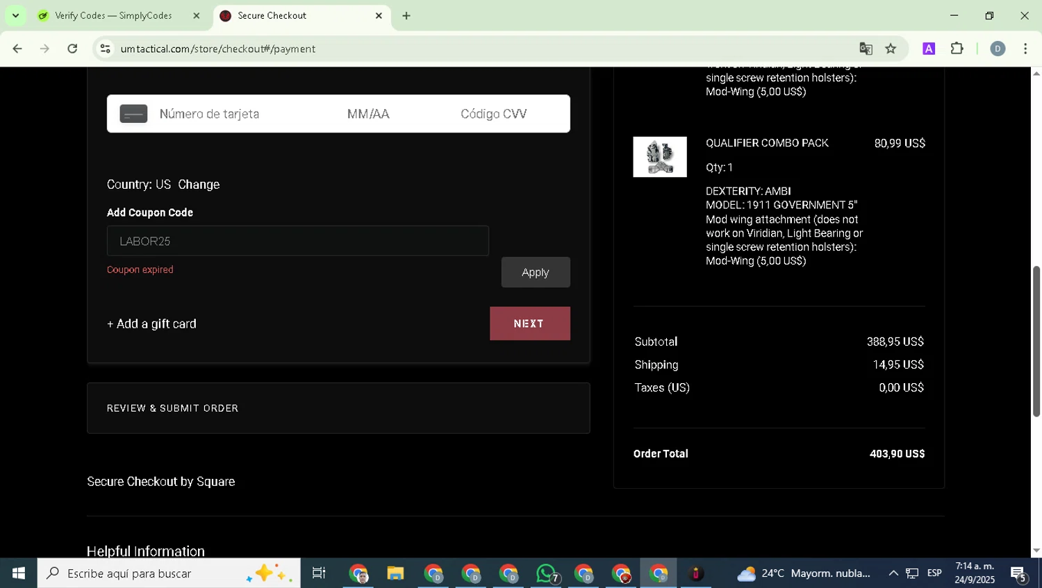 UM Tactical promo code screenshot showing code LABOR25 applied at UM Tactical checkout page. Uploaded by SimplyCodes community member DealExpert4491 on Sep 24, 2025