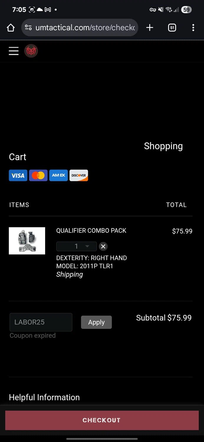 UM Tactical promo code screenshot showing code LABOR25 applied at UM Tactical checkout page. Uploaded by SimplyCodes community member KataldoMustafack on Sep 24, 2025
