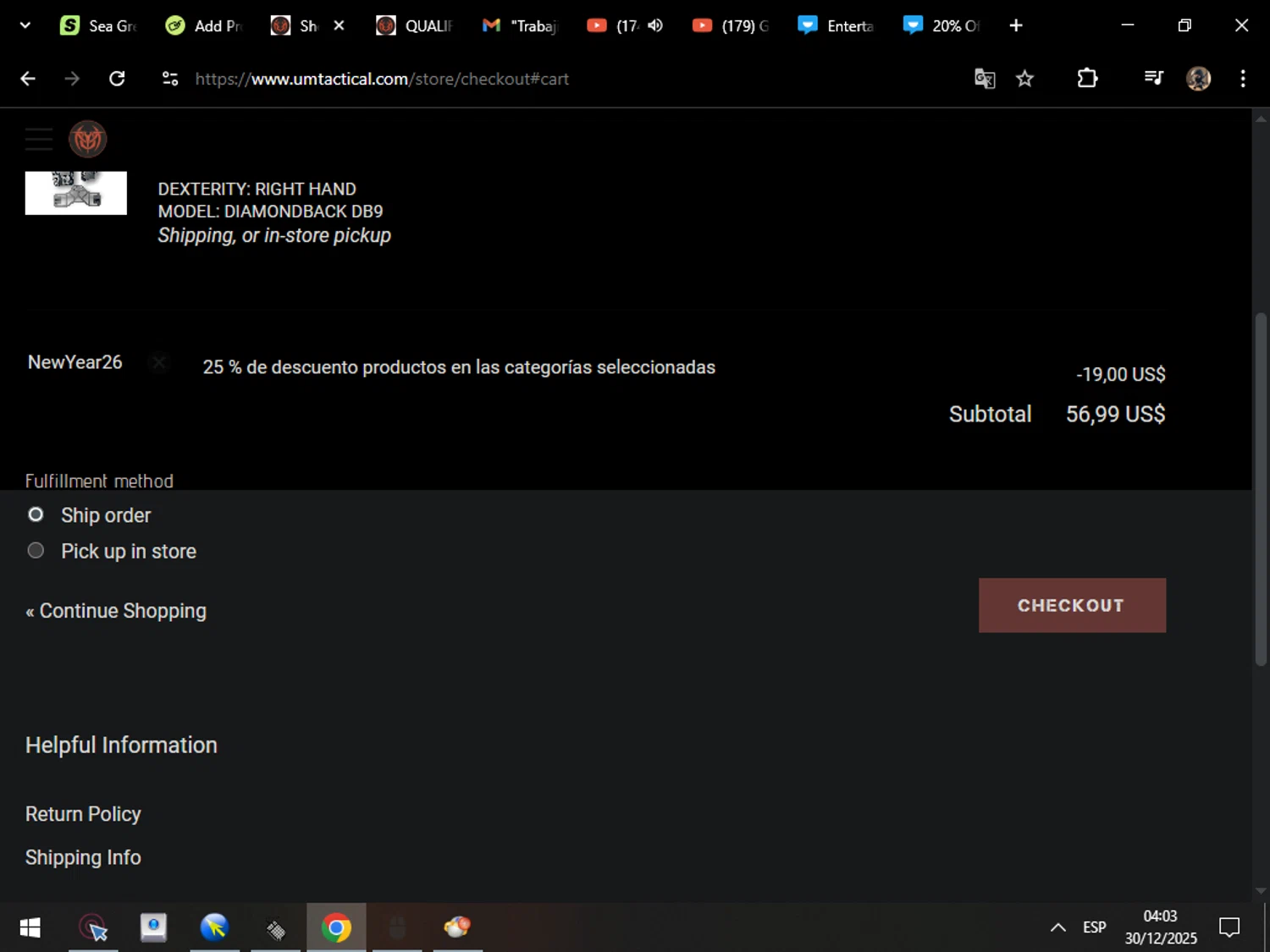 UM Tactical promo code screenshot showing code NewYear26 applied at UM Tactical checkout page. Uploaded by SimplyCodes community member MarcosAranguren on Dec 30, 2025