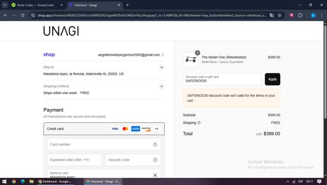Unagi Scooters checkout page showing Unagi Scooters promo code box | Screenshot taken by SimplyCodes community member on Sep 2, 2025