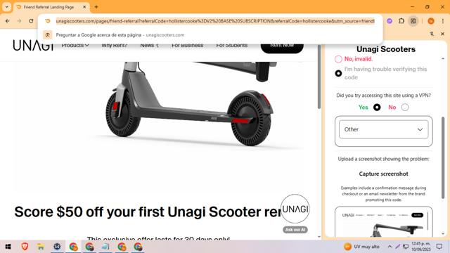 Unagi Scooters checkout page showing Unagi Scooters promo code box | Screenshot taken by SimplyCodes community member on Sep 10, 2025