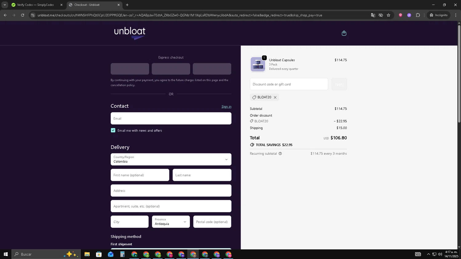 unbloat promo code screenshot showing code BLOAT20 applied at unbloat checkout page. Uploaded by SimplyCodes community member pequenokalvin5 on Nov 14, 2025