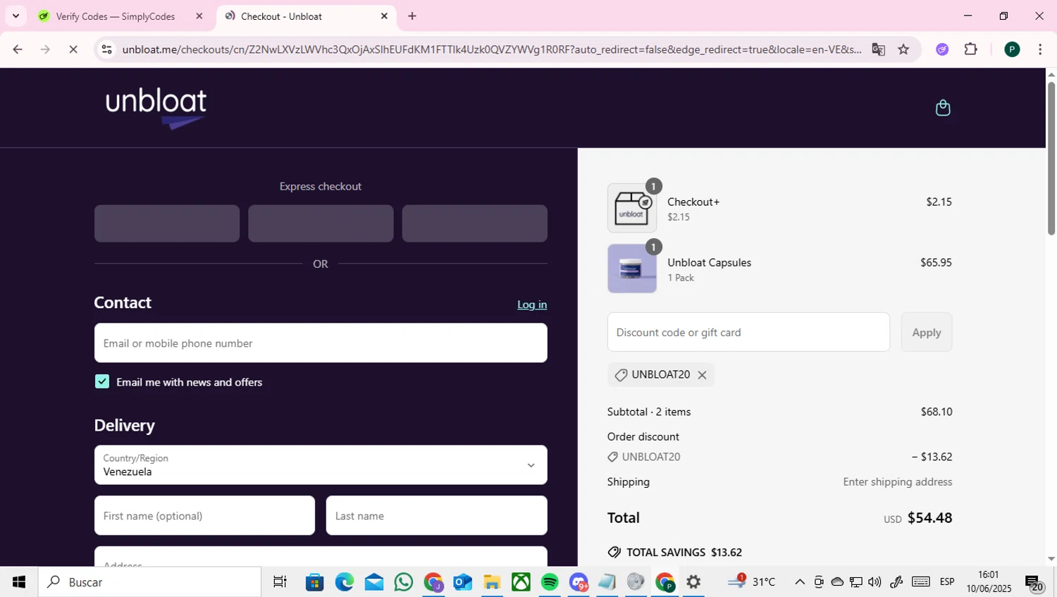 unbloat promo code screenshot showing code Unbloat20 applied at unbloat checkout page. Uploaded by SimplyCodes community member RoyalAdmiral4824 on Jun 10, 2025