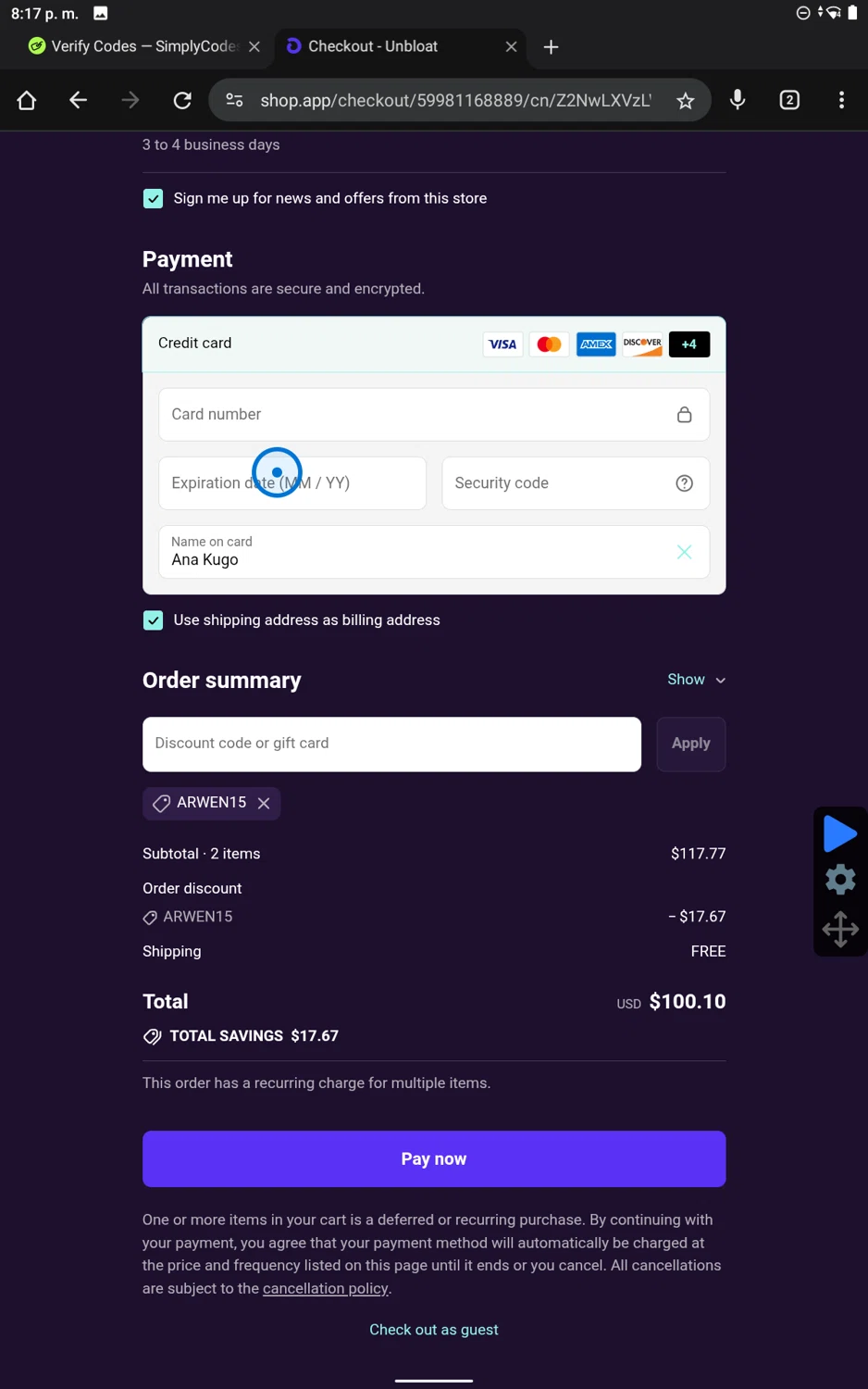 unbloat promo code screenshot showing code ARWEN15 applied at unbloat checkout page. Uploaded by SimplyCodes community member PennySaver9600 on Jul 14, 2025