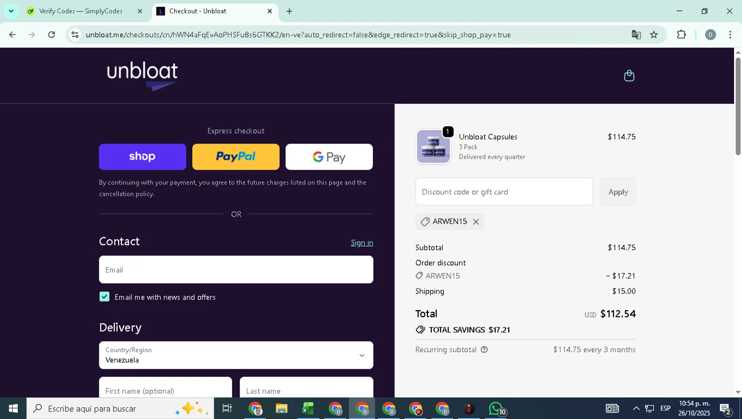 unbloat promo code screenshot showing code ARWEN15 applied at unbloat checkout page. Uploaded by SimplyCodes community member SavingsHero4493 on Oct 27, 2025