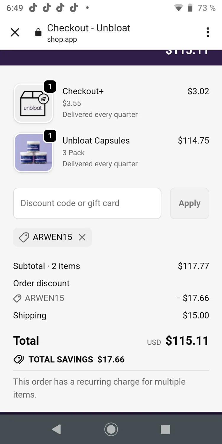 unbloat promo code screenshot showing code ARWEN15 applied at unbloat checkout page. Uploaded by SimplyCodes community member zaidaelena on Dec 4, 2025