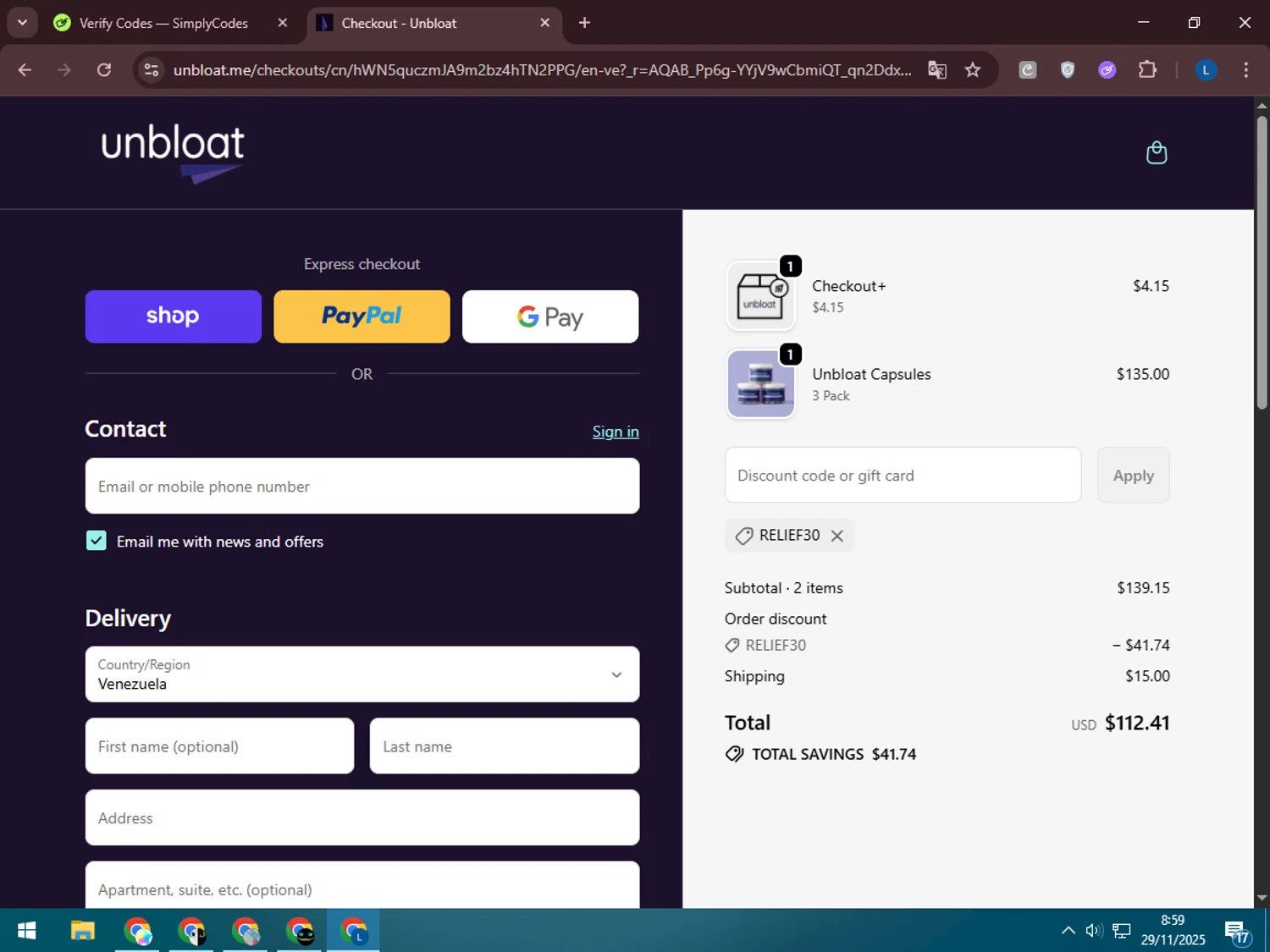 unbloat promo code screenshot showing code RELIEF30 applied at unbloat checkout page. Uploaded by SimplyCodes community member LegendaryLegend5536 on Nov 29, 2025