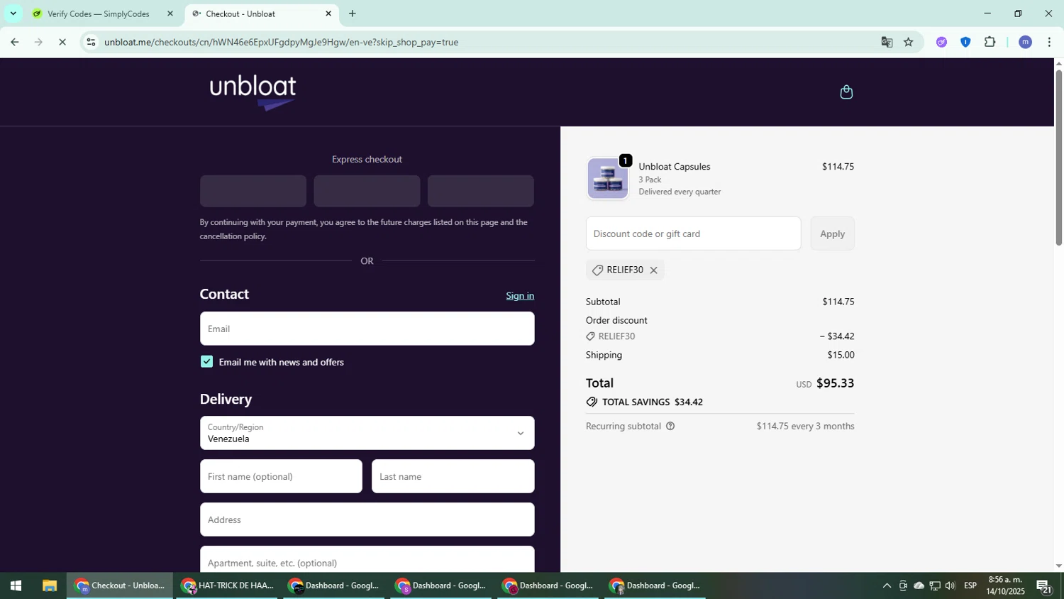 unbloat promo code screenshot showing code RELIEF30 applied at unbloat checkout page. Uploaded by SimplyCodes community member QuestDefender2661 on Oct 14, 2025