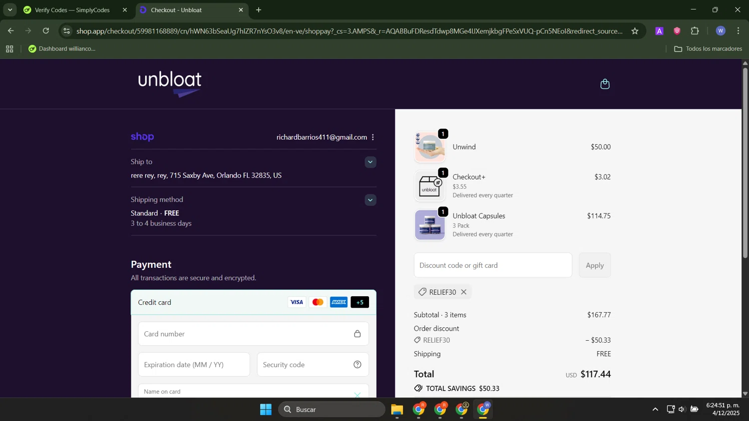 unbloat promo code screenshot showing code RELIEF30 applied at unbloat checkout page. Uploaded by SimplyCodes community member ThriftyTracker446 on Dec 4, 2025
