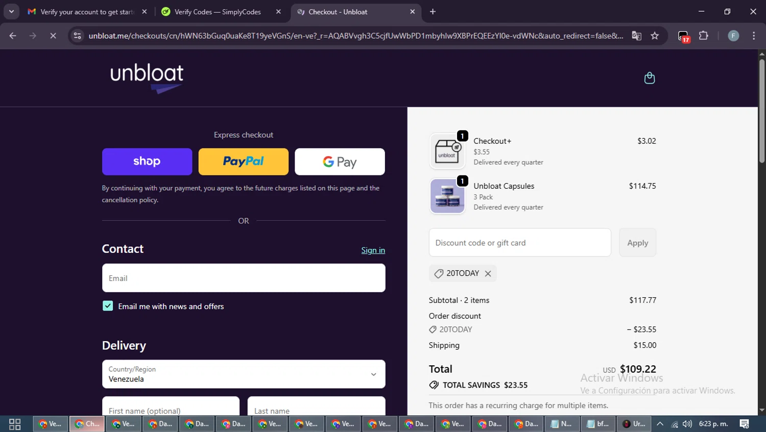 unbloat promo code screenshot showing code 20TODAY applied at unbloat checkout page. Uploaded by SimplyCodes community member DiscountRanger4509 on Dec 4, 2025