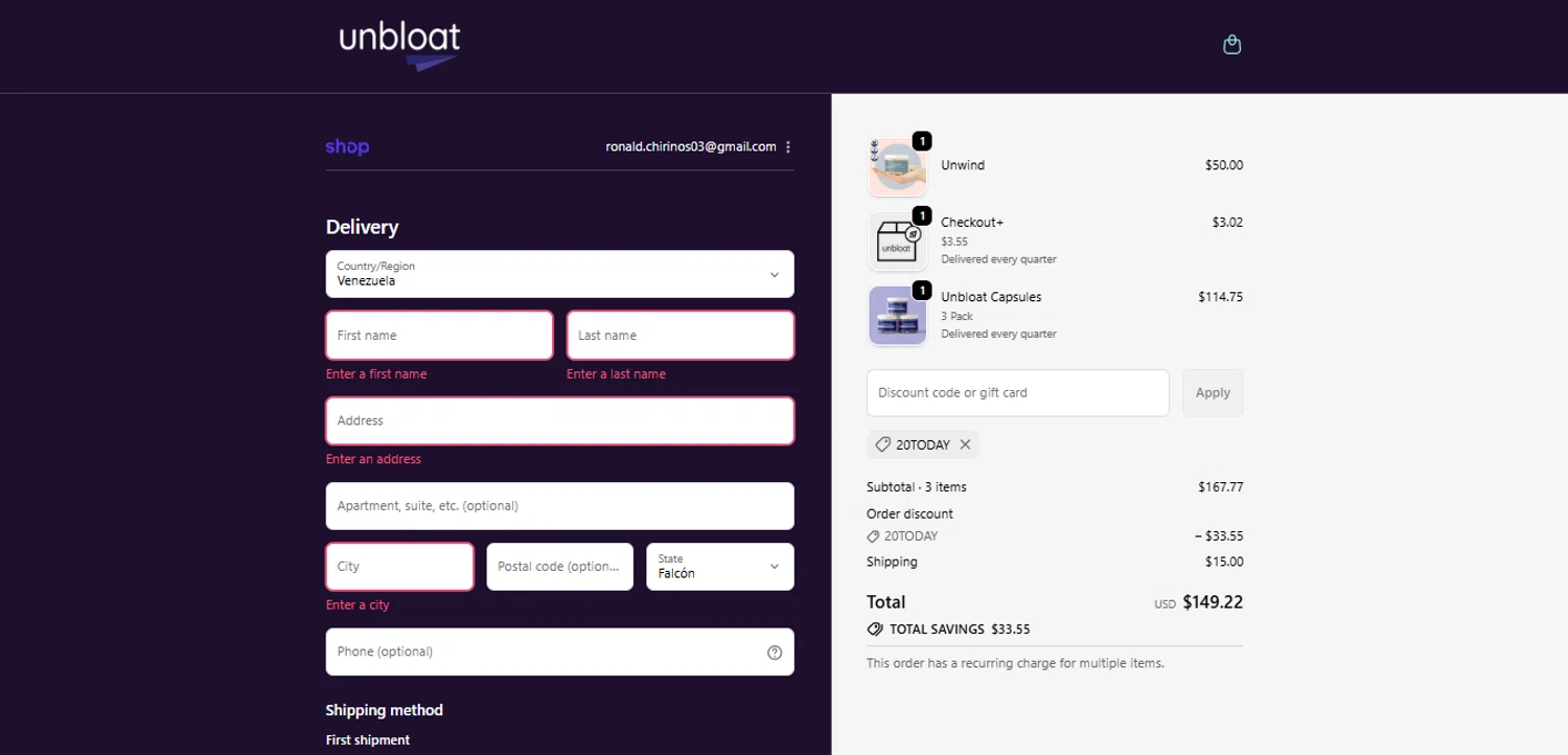unbloat promo code screenshot showing code 20TODAY applied at unbloat checkout page. Uploaded by SimplyCodes community member GoldAce6962 on Nov 1, 2025