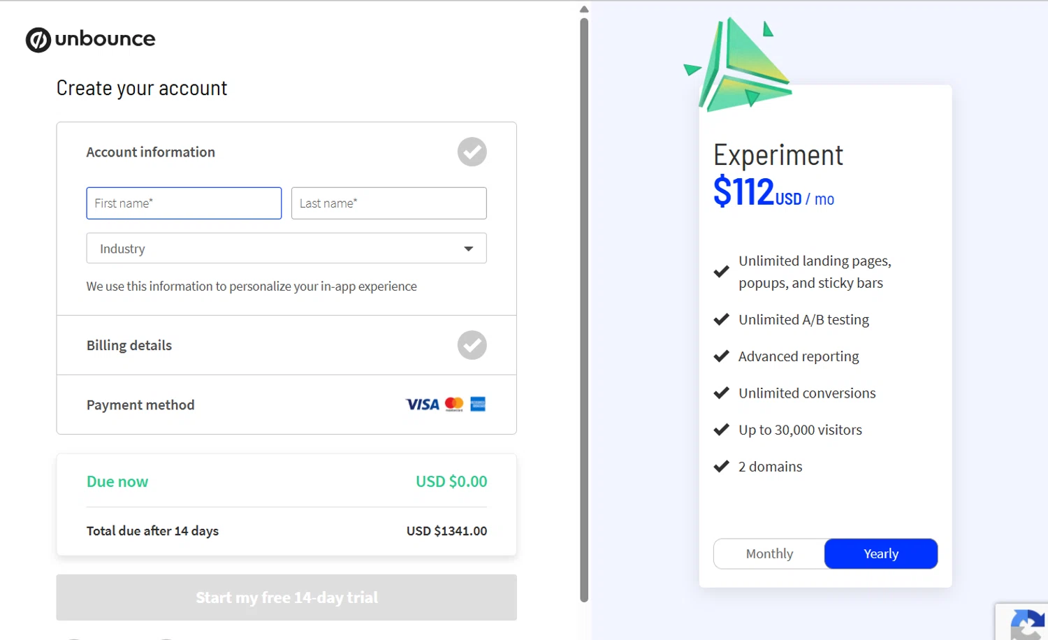 Unbounce coupon code screenshot showing code optimize_partner_monthly applied at Unbounce checkout page. Uploaded by SimplyCodes community member jade5416625024720 on Jul 10, 2025