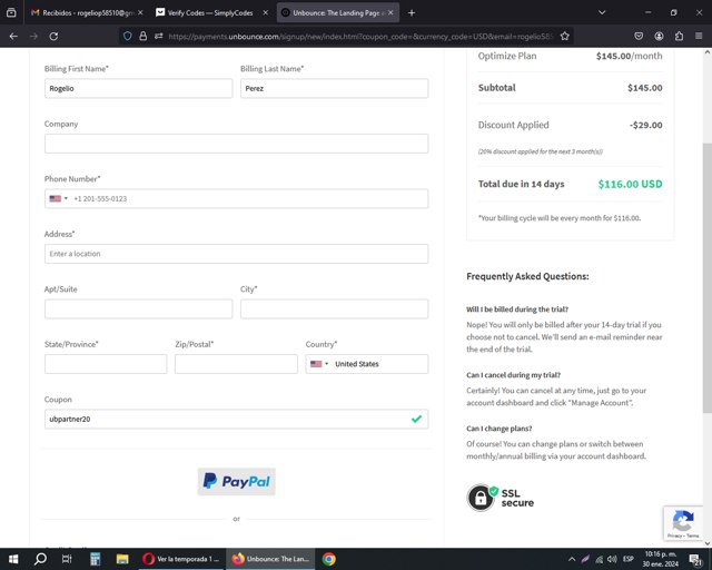 Unbounce checkout page showing Unbounce coupon code box | Screenshot taken by SimplyCodes community member on Jan 31, 2024