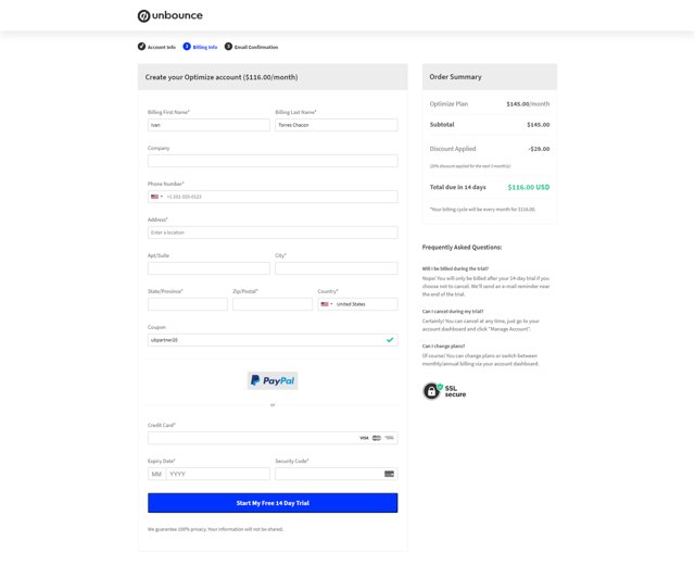 Unbounce checkout page showing Unbounce coupon code box | Screenshot taken by SimplyCodes community member on Oct 24, 2023