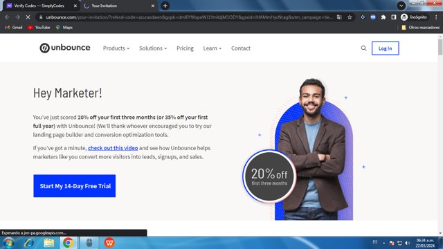 Unbounce checkout page showing Unbounce coupon code box | Screenshot taken by SimplyCodes community member on Mar 27, 2024