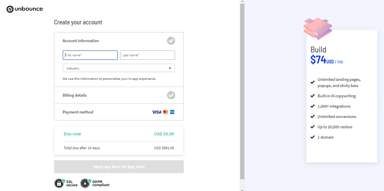 Unbounce coupon code screenshot showing code gspk applied at Unbounce checkout page. Uploaded by SimplyCodes community member SimplyCVerlie on Feb 25, 2025
