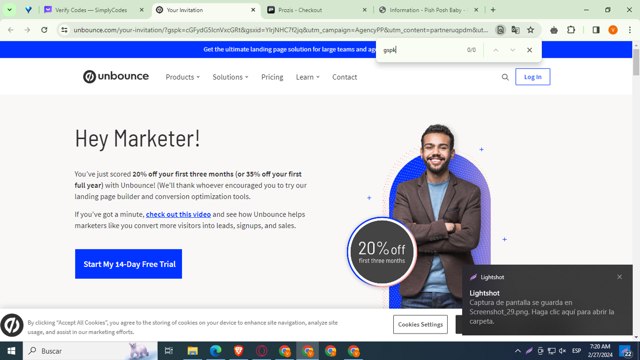 Unbounce checkout page showing Unbounce coupon code box | Screenshot taken by SimplyCodes community member on Feb 27, 2024