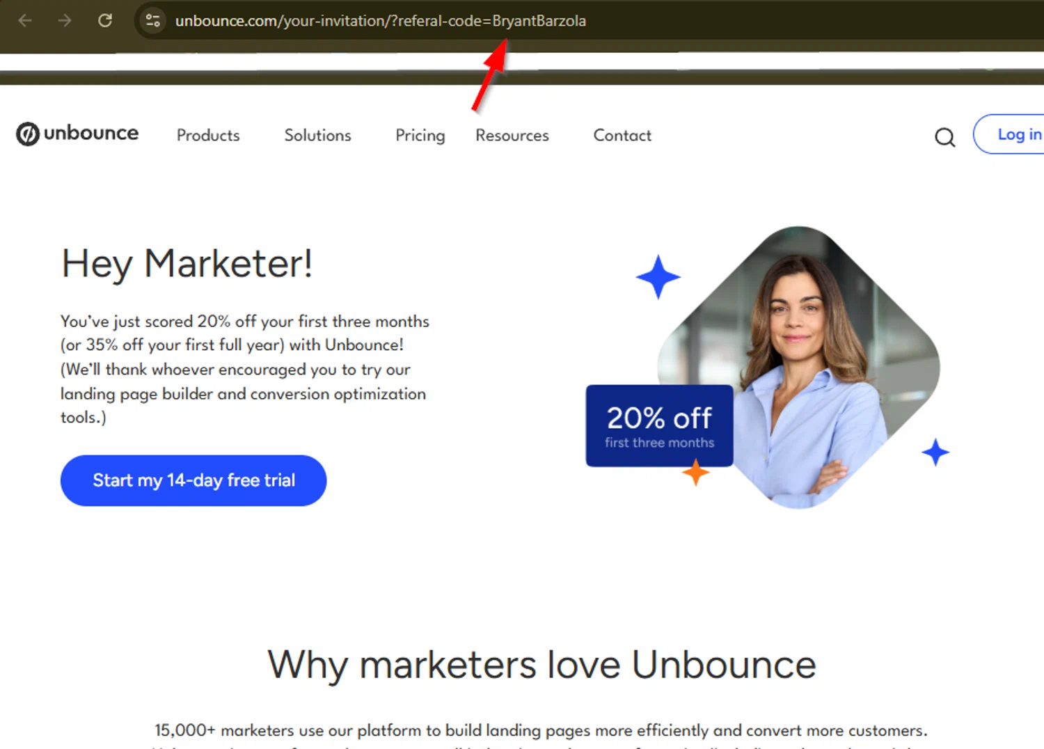 Unbounce coupon code screenshot showing code BryantBarzola applied at Unbounce checkout page. Uploaded by SimplyCodes community member SimplyCVerlie on Jun 27, 2025