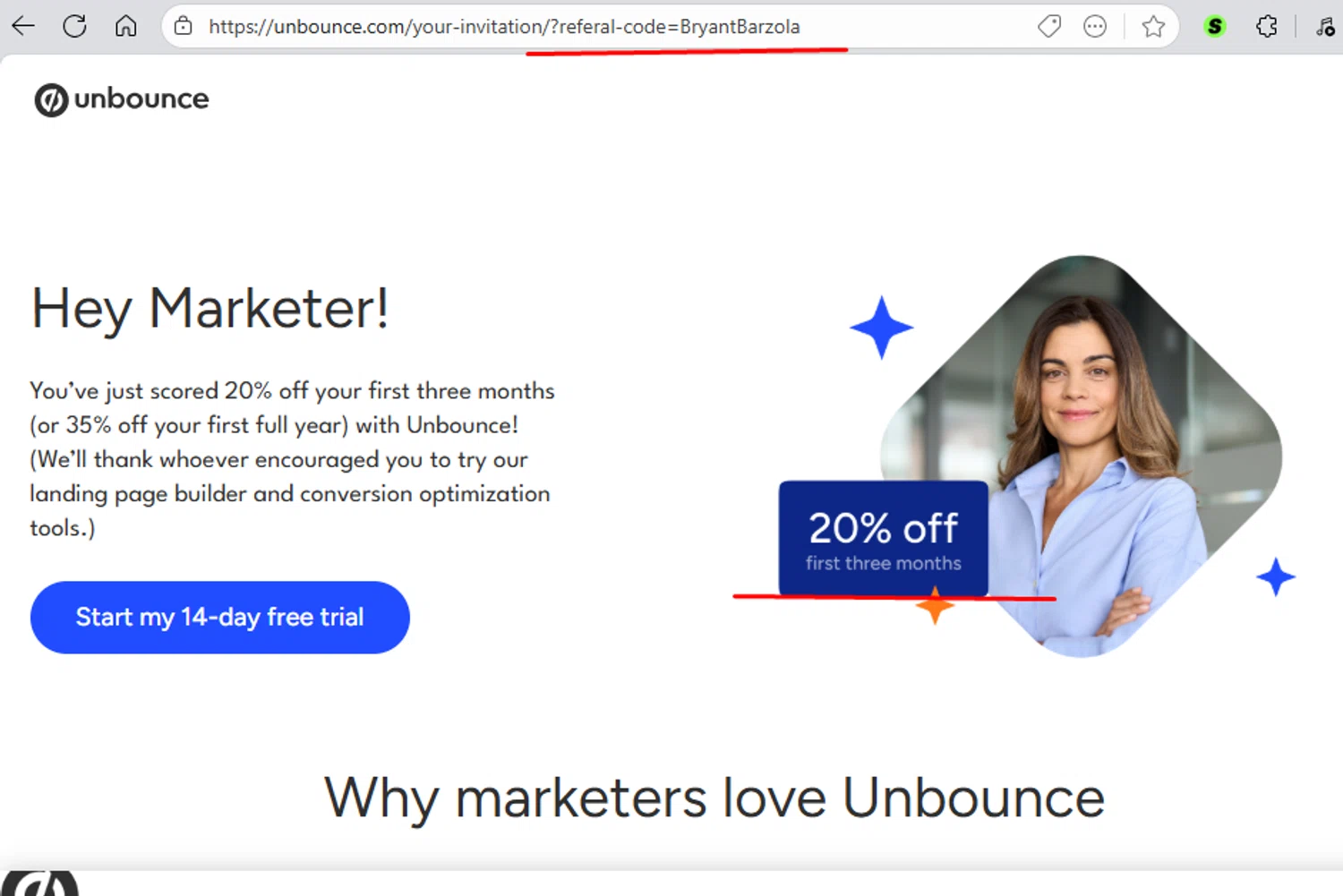 Unbounce coupon code screenshot showing code BryantBarzola applied at Unbounce checkout page. Uploaded by SimplyCodes community member Mikasa23 on Aug 12, 2025