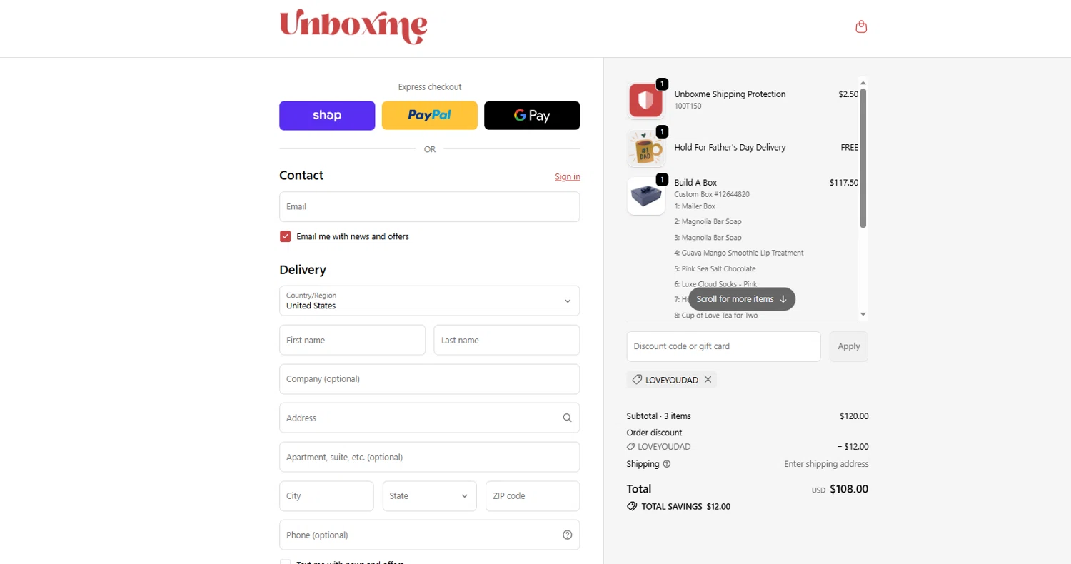 Unboxme promo code screenshot showing code LOVEYOUDAD applied at Unboxme checkout page. Uploaded by SimplyCodes community member NiceDeals on Jun 6, 2026