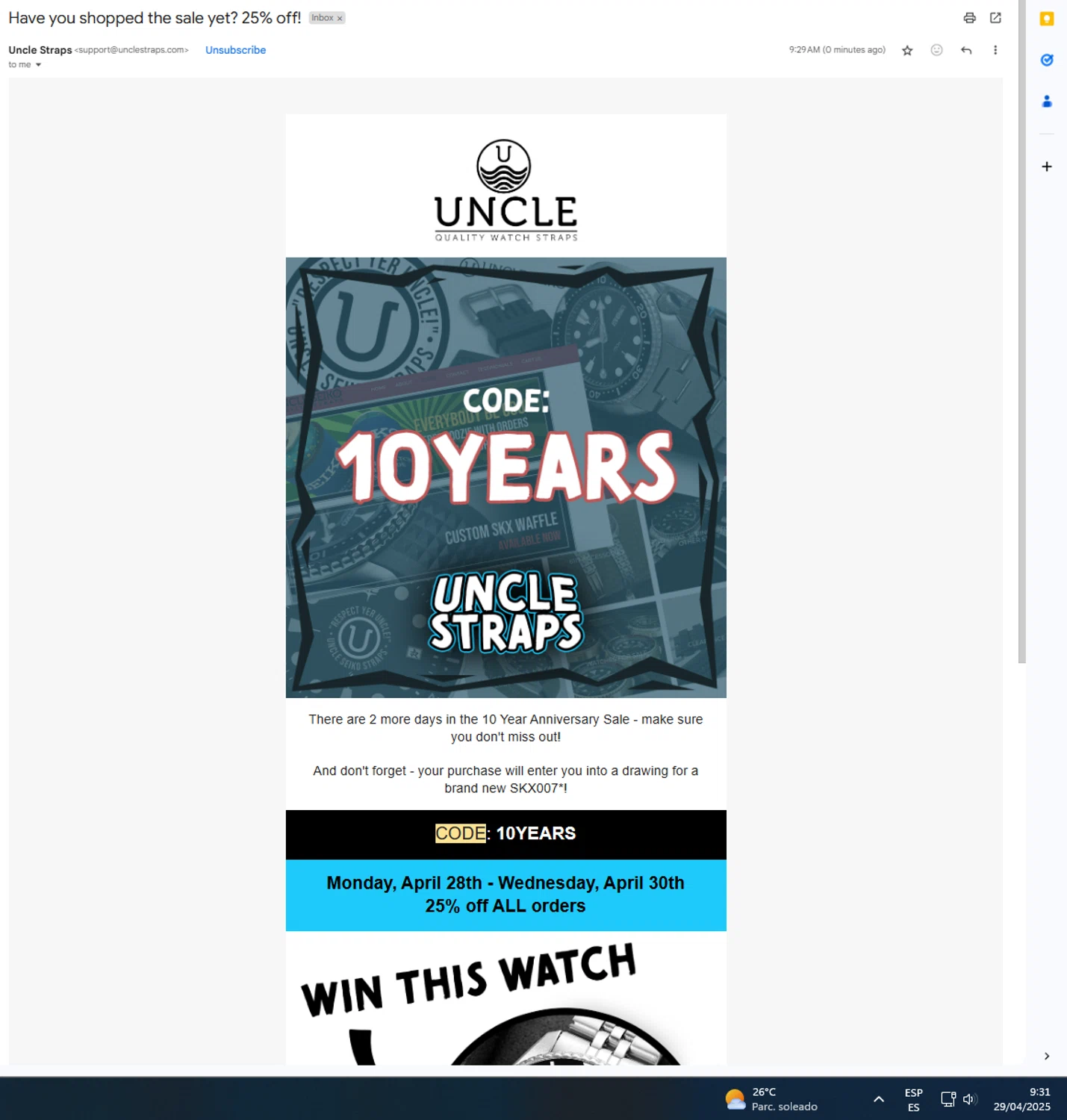 Uncle Straps discount code screenshot showing code 10YEARS applied at Uncle Straps checkout page. Uploaded by SimplyCodes community member UnkNownVnzla on Apr 29, 2025