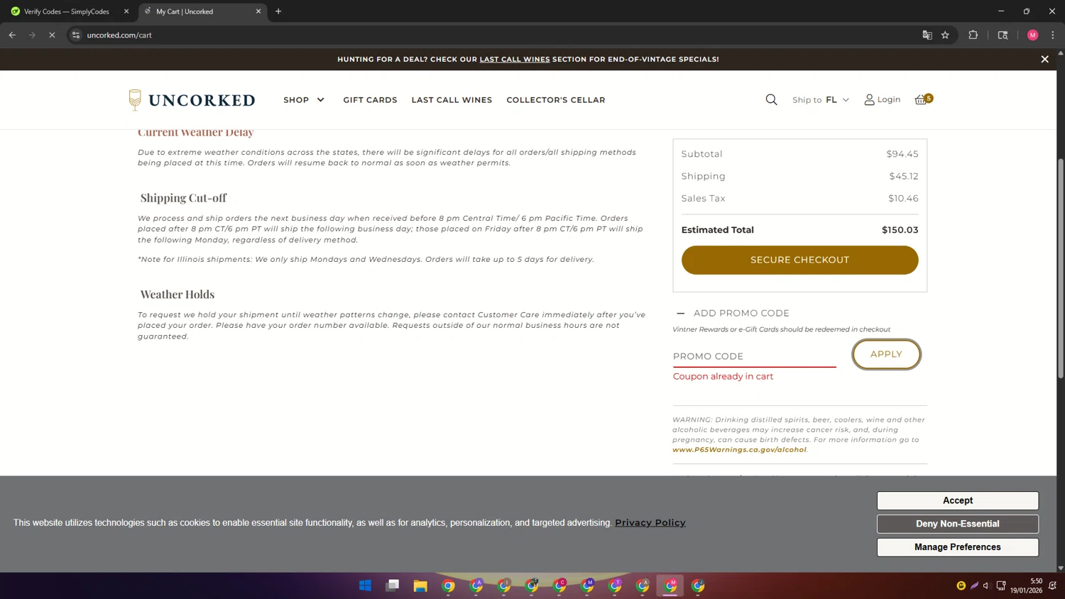 Uncorked checkout page showing Uncorked promo code box | Screenshot taken by SimplyCodes community member on Jan 19, 2026