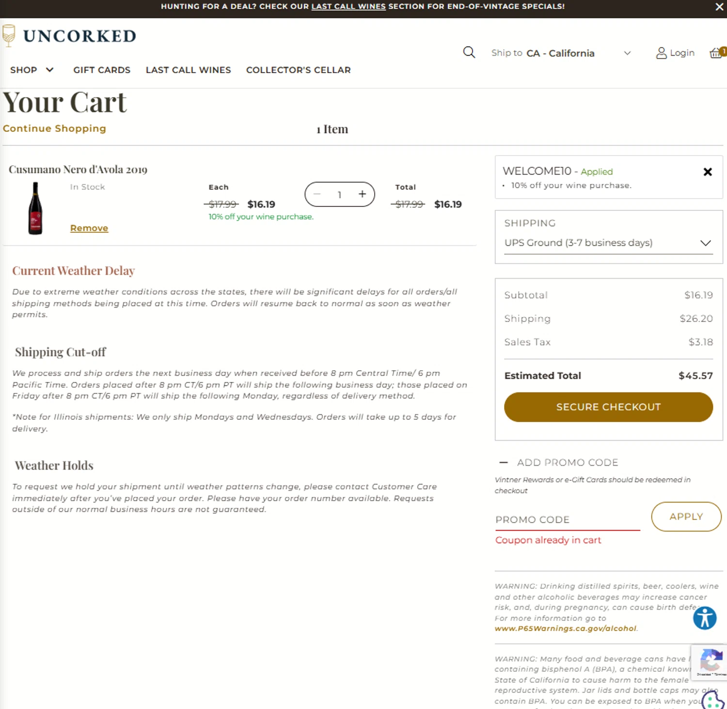 Uncorked promo code screenshot showing code WELCOME10 applied at Uncorked checkout page. Uploaded by SimplyCodes community member Noah19 on Oct 24, 2025