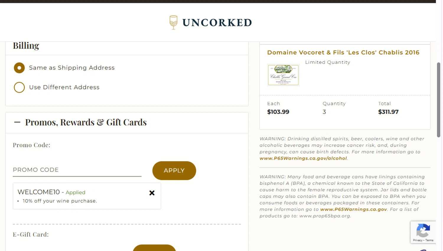 Uncorked promo code screenshot showing code WELCOME10 applied at Uncorked checkout page. Uploaded by SimplyCodes community member Riki_1992 on Nov 22, 2025