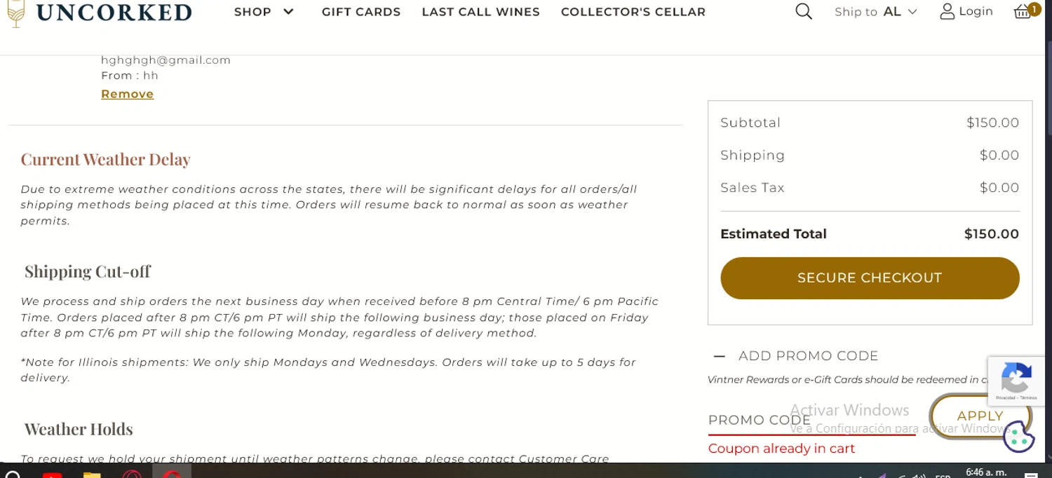 Uncorked promo code screenshot showing code WELCOME10 applied at Uncorked checkout page. Uploaded by SimplyCodes community member WiseLynx1786 on Jan 19, 2026