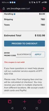 UNC Student Stores coupon verification screenshot
