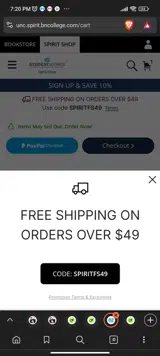 UNC Student Stores coupon verification screenshot