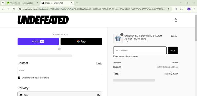 Undefeated checkout page showing Undefeated discount code box | Screenshot taken by SimplyCodes community member on Feb 7, 2025