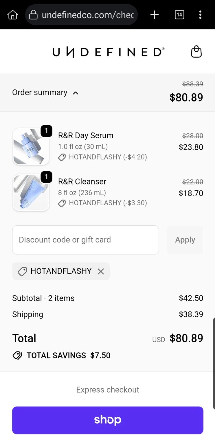 Undefined promo code screenshot showing code HOTANDFLASHY applied at Undefined checkout page. Uploaded by SimplyCodes community member Carloslvz on Oct 22, 2025