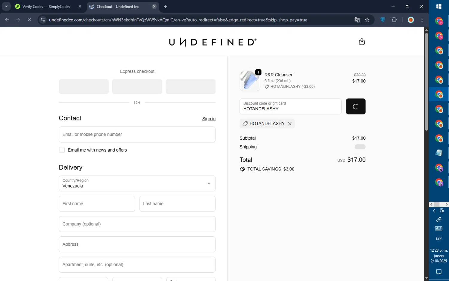 Undefined promo code screenshot showing code HOTANDFLASHY applied at Undefined checkout page. Uploaded by SimplyCodes community member GoldPilot5958 on Oct 2, 2025