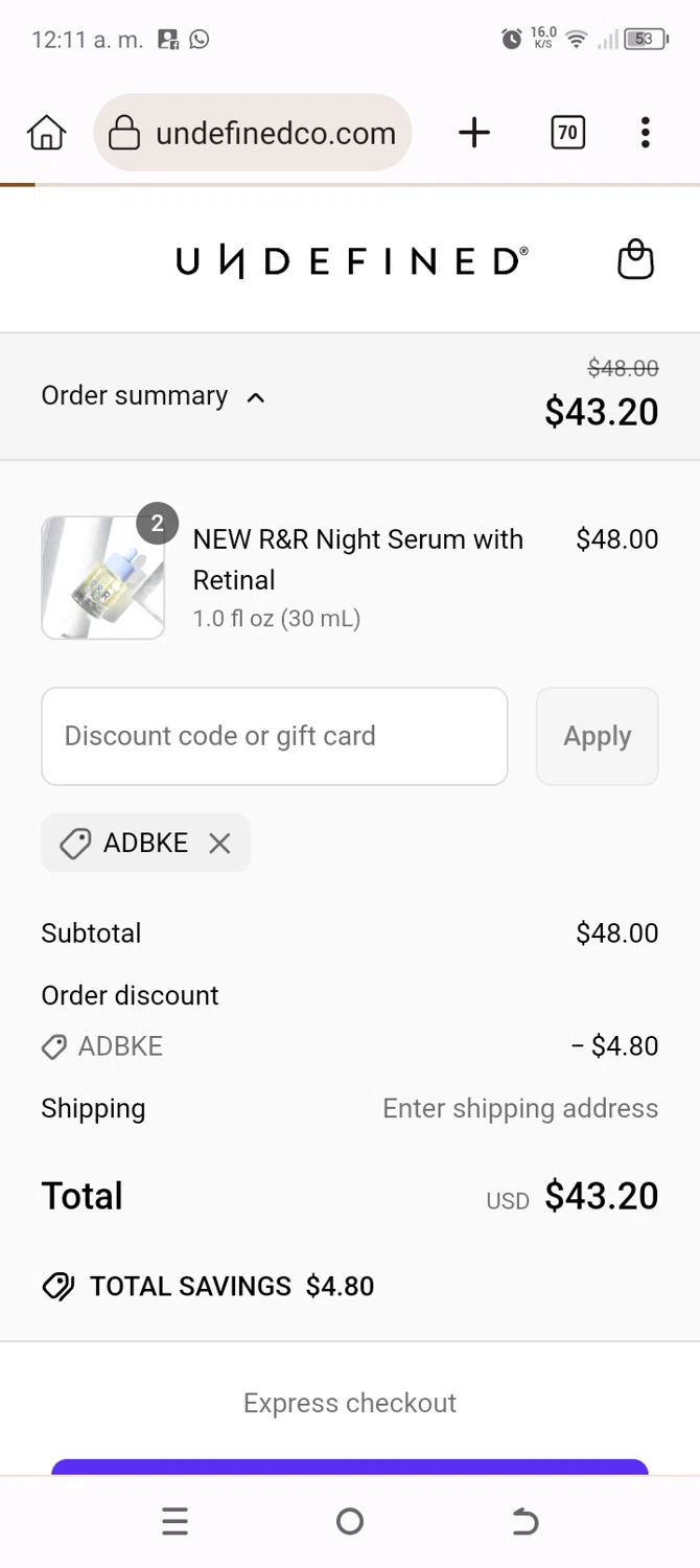 Undefined promo code screenshot showing code ADBKe applied at Undefined checkout page. Uploaded by SimplyCodes community member BonusChaser4306 on Jun 15, 2025